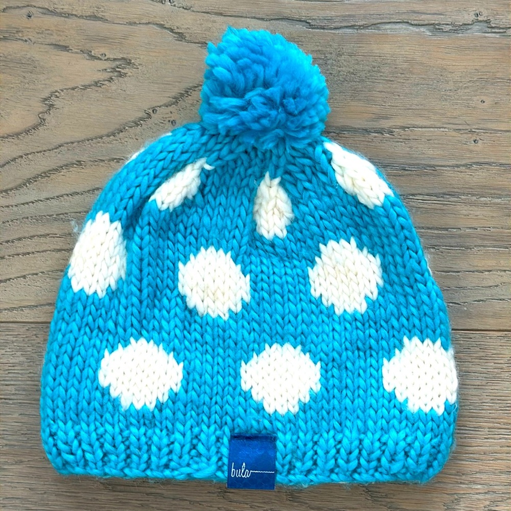 Bula Turquoise w/ White Polka Dots Wool Blend Cable Knit Pom Pom Winter Ski Hat